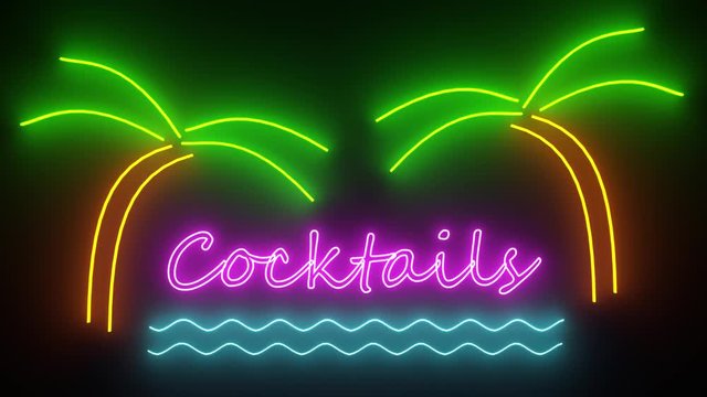 Cocktails neon sign lights logo text glowing disco bar cocktail 4k