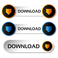 Vector download buttons with arrow - labels, stiskers on the white background
