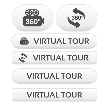 Vector buttons for virtual tour, white labels - stickers with arrows and camera