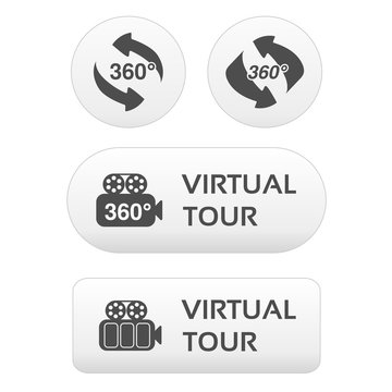 Vector buttons for virtual tour, white labels - stickers with arrows and camera