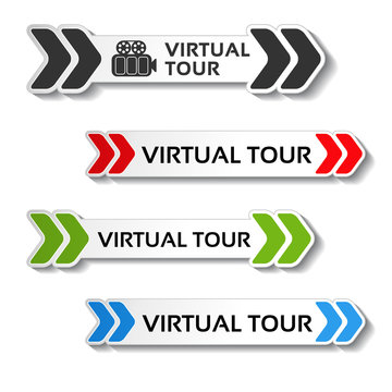 Vector buttons for virtual tour, black, red, green and blue labels - stickers with arrows