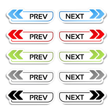 Vector prev, next buttons with arrows - labels, stickers on the white background