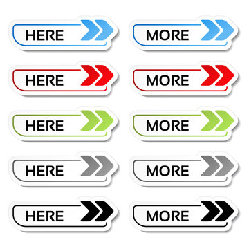 Vector here, more buttons with arrows - labels, stickers on the white background