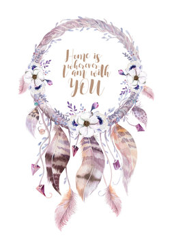 Fototapeta Isolated Watercolor decoration bohemian dreamcatcher. Boho feath