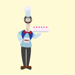 Vector Illustration of a Cartoon Chef with a fruit cake with cream