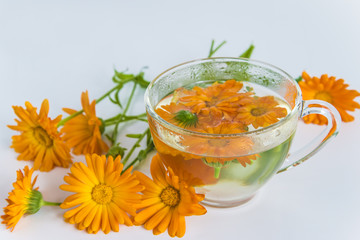 Health conception: calendula tea and flowers on a white background