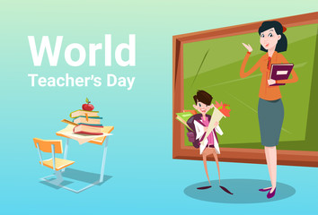 Teacher Day Schoolboy Group Hold Flowers Present Greeting Woman Classroom