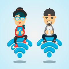 Young men and women characters sitting on wi-fi emblem and using smartphone for internet. free internet concept. flat design illustration isolated set