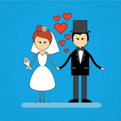 Cartoon Marriage Couple Fiance And Bride Wear Wedding Dress Holding Hands