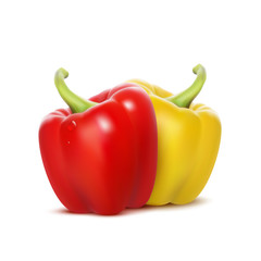 Red and yellow sweet bell peppers isolated on white background.