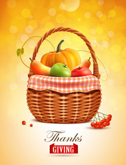 Thanksgiving greeting card. Wicker basket with fruits and vegetables.