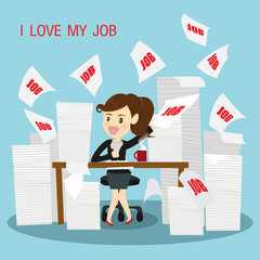 Businesswomen very happy do work ,"I love my job".Hand business origami plane and throwing toward to aim.