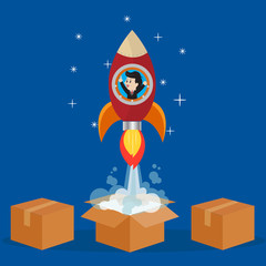 Businessman in rocket to soar out  of box towards the future.Vector illustration business cartoon concept