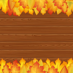 Naklejka na ściany i meble vector illustration. design autumn poster. Yellow, orange leaves on a wooden texture, frame for text.