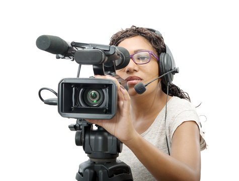 young African American women with professional video camera