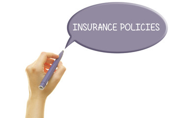 Woman hand writing INSURANCE POLICIES with a marker isolated on white.