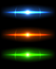 Realistic light glare sparkle, highlight set. Collection of beautiful bright lens flares. Lighting effects of flash.