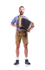 Man in bavarian clothes playing accordion and singing. Oktoberfe - obrazy, fototapety, plakaty