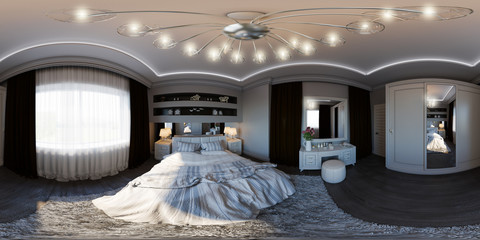 3d illustration seamless panorama of bedroom interior design.