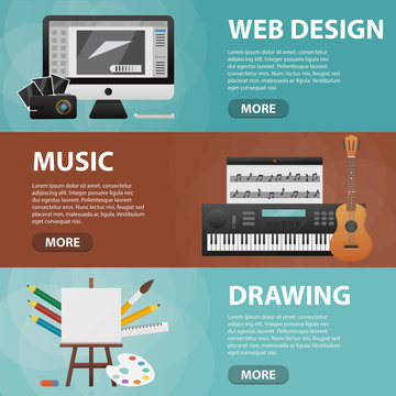 Set of vector flat isolated horizontal banners of web design, music and drawing for website. Business concept of creative subject, art and graphic content.