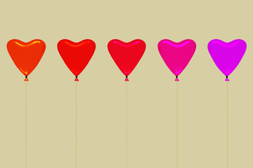 Fototapeta na wymiar Five heart shaped balloons, 3d illustration