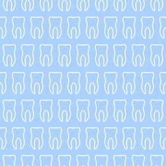 Dental vector background with blue teeth with white contour in a row side by side and alternately under each other on a blue background. Tooth backdrop