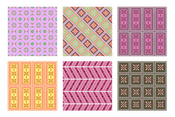 Set of seamless vector geometric patterns with ornamental elements,endless background with traditional folk motifs. Graphic vector illustration. Series- sets of vector seamless patterns.