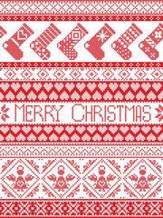 Merry Christmas Tall Scandinavian Printed Textile style and inspired by Norwegian Christmas and festive winter seamless pattern in cross stitch with stockings ,heart, angel, decorative ornaments 