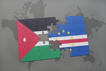 puzzle with the national flag of jordan and cape verde on a world map background.