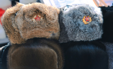  Russian winter fur hats in a row