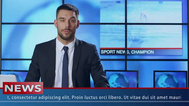 Male News Presenter Speaking About Sport News. Shot on RED Cinema Camera in 4K (UHD).
