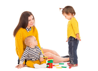Mom and two kids playing