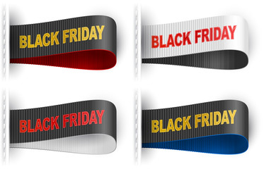 Clothes labels tags with marketing phrase Black Friday for goods sales promotion and merchant service; Vector set Eps10