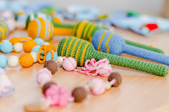 Knitted handmade toys for children.