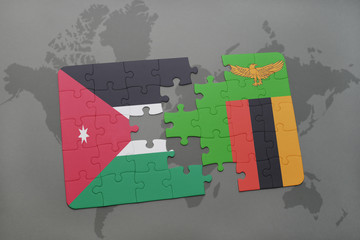 puzzle with the national flag of jordan and zambia on a world map background.