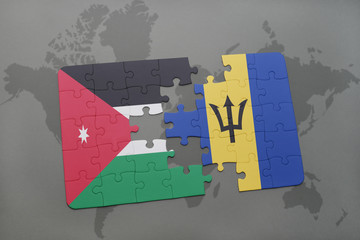 puzzle with the national flag of jordan and barbados on a world map background.
