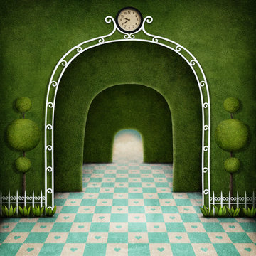 Fantasy Background green maze with an arch and tree