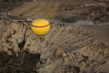 Balloons over Cappadocia view from up, Turkey