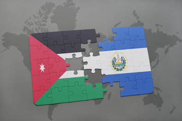 puzzle with the national flag of jordan and el salvador on a world map background.