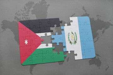 puzzle with the national flag of jordan and guatemala on a world map background.