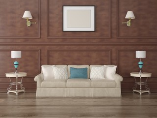 Living room with vintage sofa and empty frame.