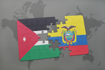 puzzle with the national flag of jordan and ecuador on a world map background.