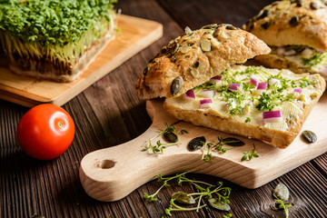 Pumpkin seed bread rolls with butter, onion and fresh cress