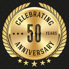 Gold celebrating 50 years badge, button on black background