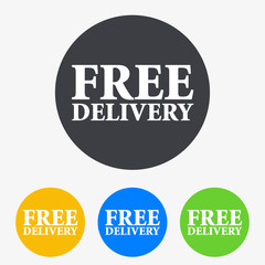 Icono plano texto FREE DELIVERY en circulo varios colores