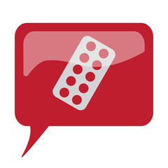 Red speech bubble with white Tablet Strip icon on white backgrou