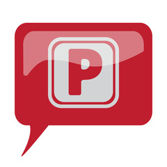 Red speech bubble with white Parking icon on white background