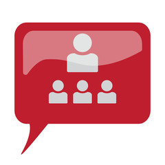 Red speech bubble with white Organization icon on white backgrou
