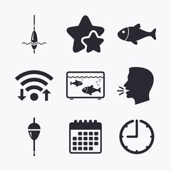 Fishing icons. Fish with fishermen hook symbol. © blankstock