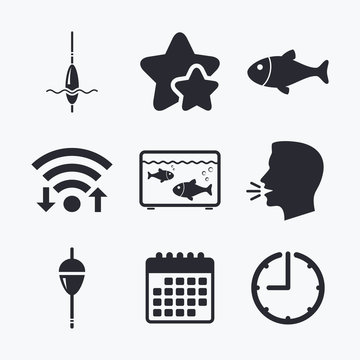 Fishing icons. Fish with fishermen hook symbol.